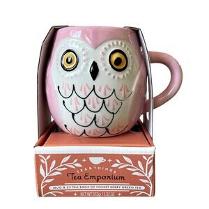 Tea Emporium Pink Owl Ceramic Mug With 25 Bags of Forest Berry Green Tea New